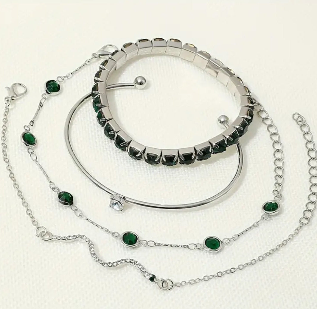4pcs/Set Elegant Green Imitation Gemstone Rhinestone Claw Chain Snake Bracelet Open Bangle For Women - Shoppy