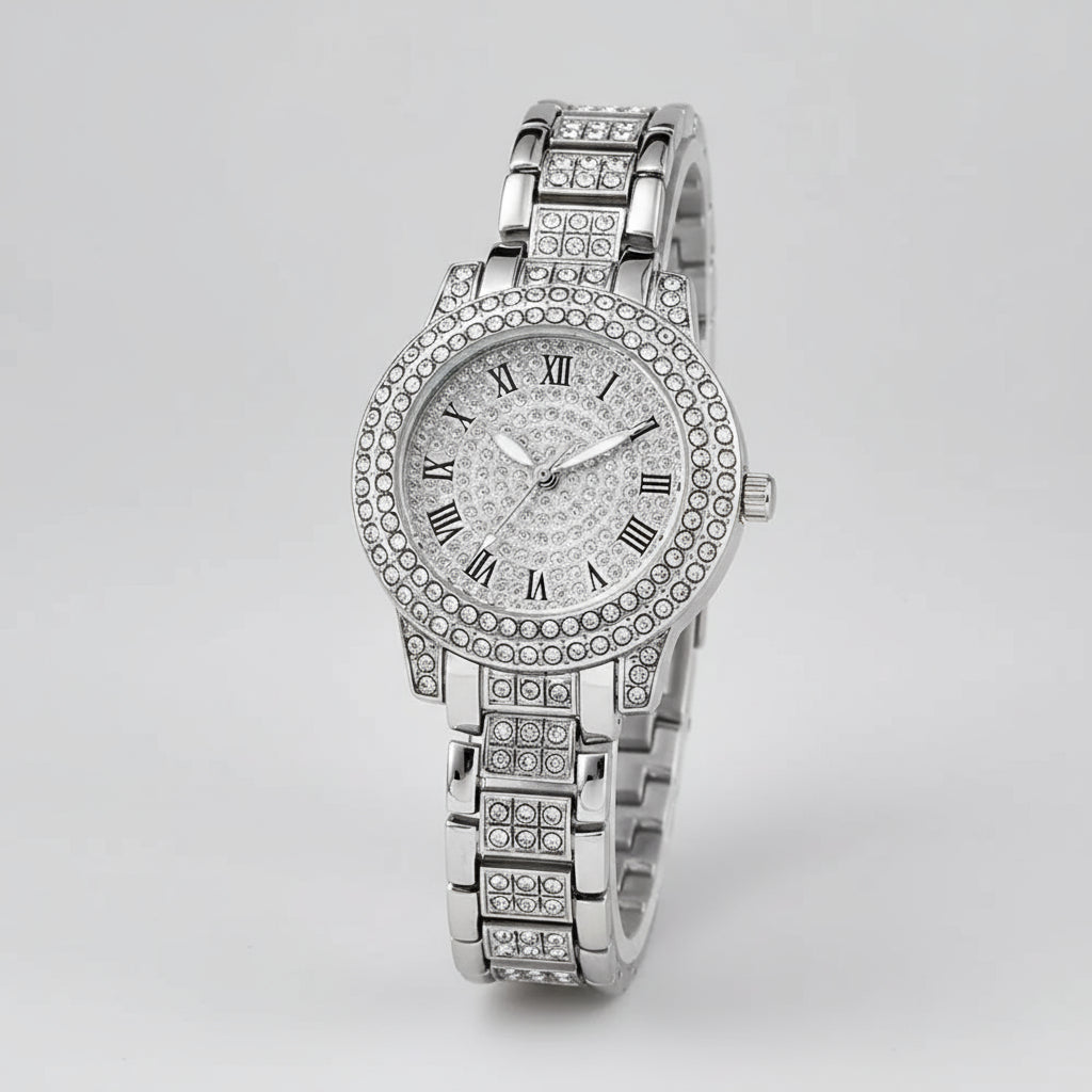 6pcs Elegant Women'S Quartz Watch Set with Roman Numerals - Silvery-Tone Zinc Alloy, Includes Necklace, Bracelet, Ring, Earrings - Ideal Gift for Mom and Ramadan - Shoppy