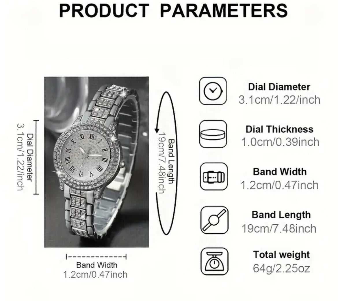 6pcs Elegant Women'S Quartz Watch Set with Roman Numerals - Silvery-Tone Zinc Alloy, Includes Necklace, Bracelet, Ring, Earrings - Ideal Gift for Mom and Ramadan - Shoppy