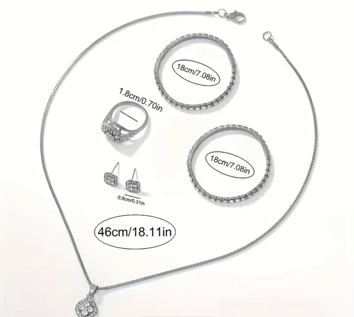 6pcs Elegant Women'S Quartz Watch Set with Roman Numerals - Silvery-Tone Zinc Alloy, Includes Necklace, Bracelet, Ring, Earrings - Ideal Gift for Mom and Ramadan - Shoppy