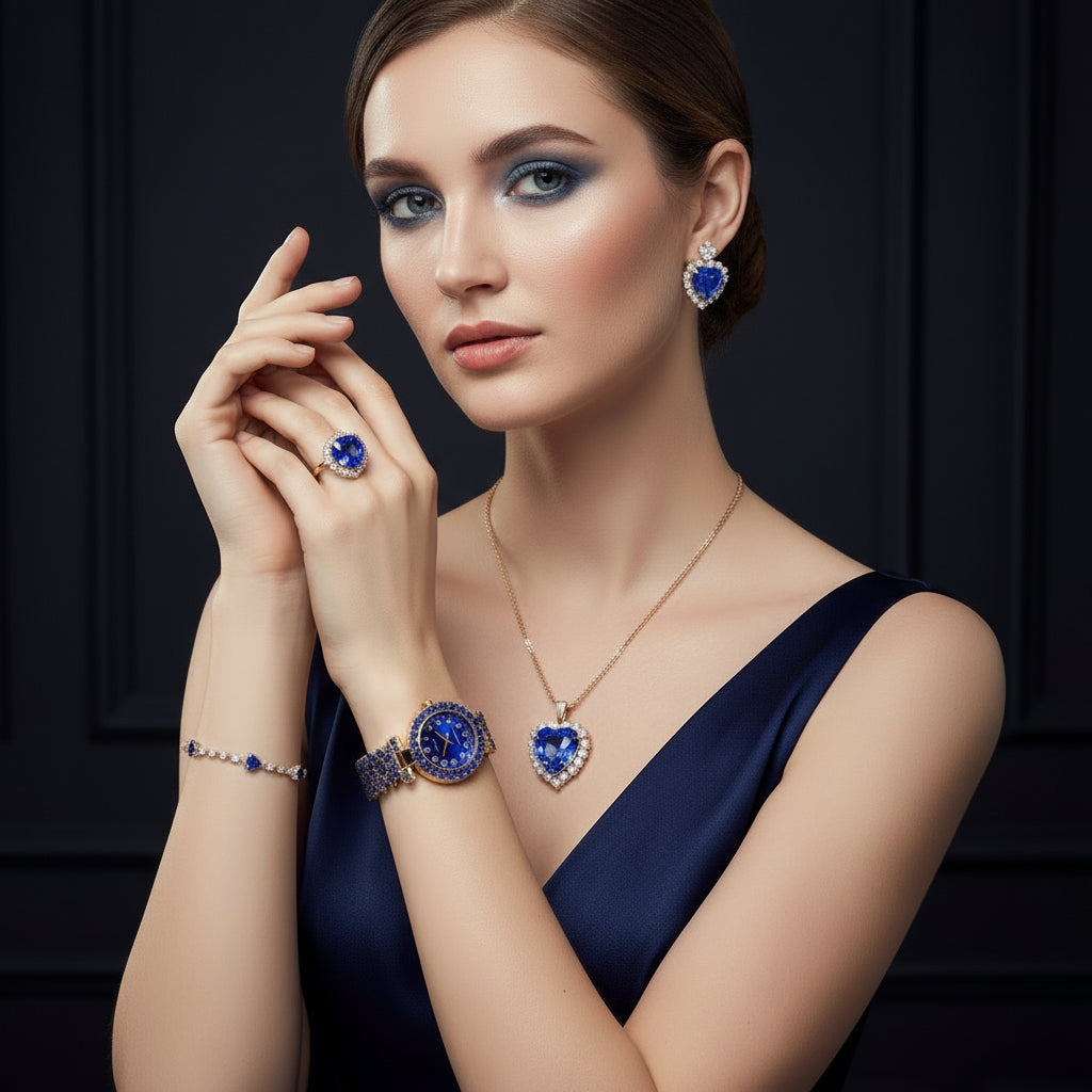 Fashionable Ladies' Quartz Wrist Watch Set with Heart-Shaped Jewelry - 6pcs Alloy Round Case Timepieces, Earrings, Necklace, Ring Set with Electronic Movement And Non-Rechargeable Button Battery - Shoppy