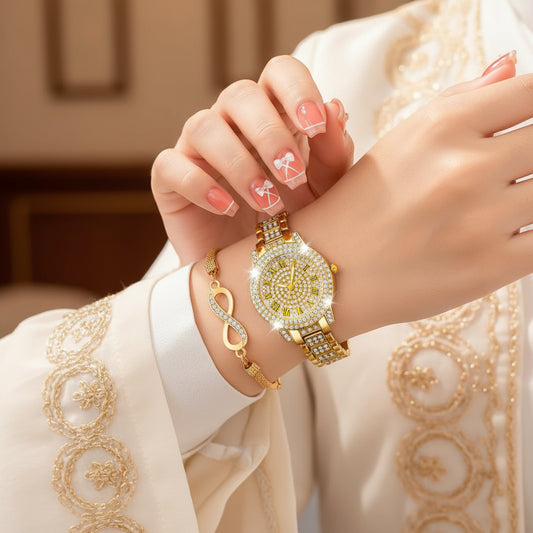 1pc Elegant Women'S Quartz Watch with Rhinestone Embellishments and Infinity Bracelet, Alloy Band and Case, Casual Style, Button Battery - Fashion Accessory Set - Shoppy