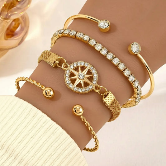4pcs Rhinestone Elegant Stretch Bracelet Set for Women - Versatile Open Cuff Bangles Perfect for Daily Wear or Gift - Shoppy