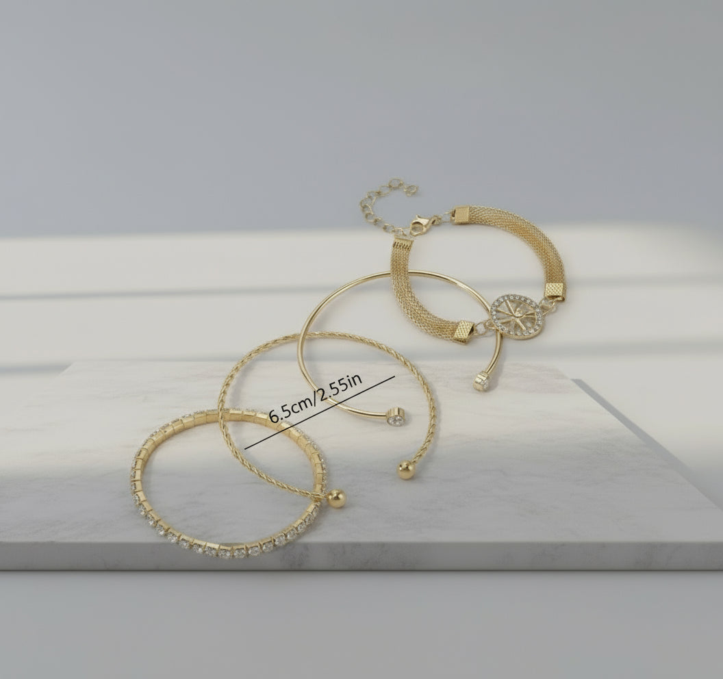 4pcs Rhinestone Elegant Stretch Bracelet Set for Women - Versatile Open Cuff Bangles Perfect for Daily Wear or Gift - Shoppy