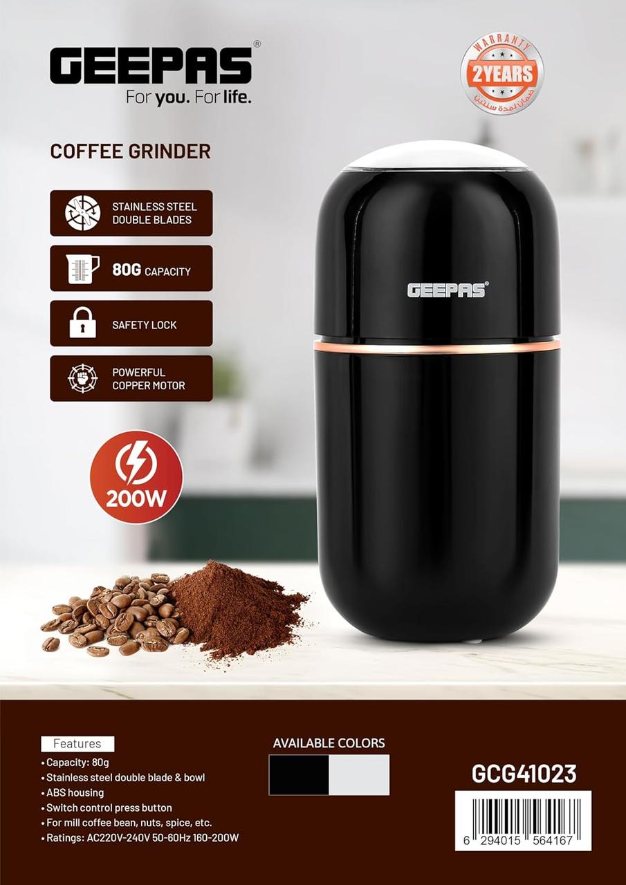 Effortlessly grind coffee beans with the GEEPAS Coffee Grinder- 80 g Capacity, featuring durable stainless steel blades.